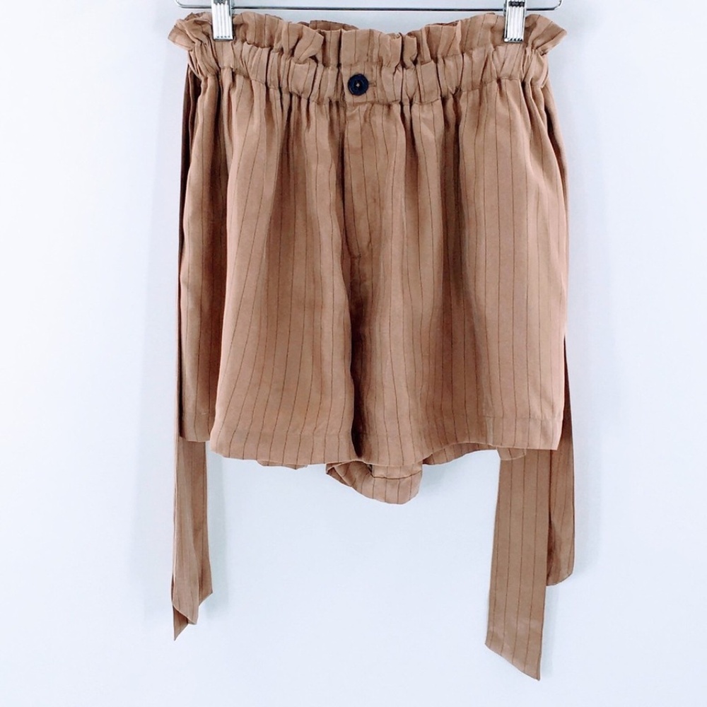 L'Academie Paperbag High Rise Shorts Brown Pinstripe Silky Side Tie Waist Sz S